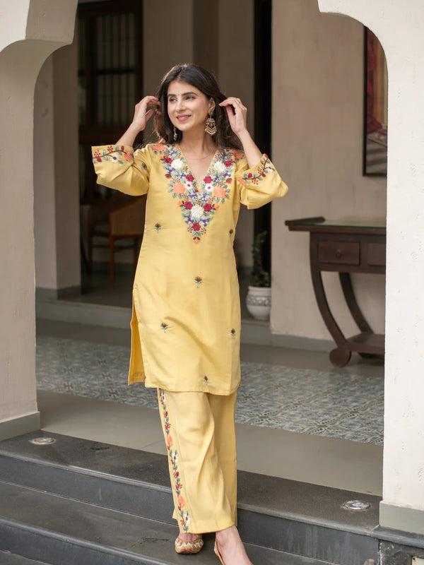 Yellow Embroidered Kurti Palazzo Co-Ord Sets