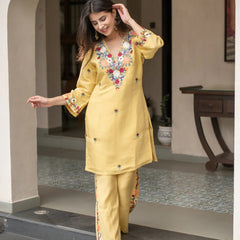 Yellow Embroidered Kurti Palazzo Co-Ord Sets