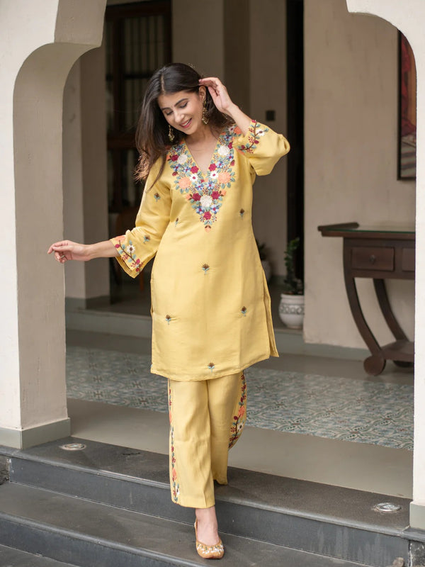 Yellow Embroidered Kurti Palazzo Co-Ord Sets