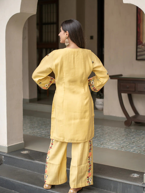 Yellow Embroidered Kurti Palazzo Co-Ord Sets