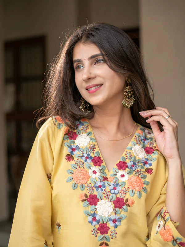 Yellow Embroidered Kurti Palazzo Co-Ord Sets