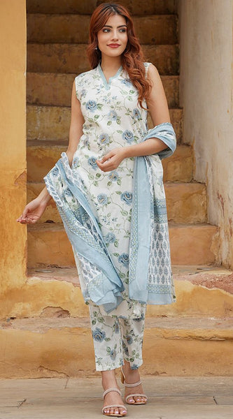 Sleeveless Rose Printed Cotton Dresses