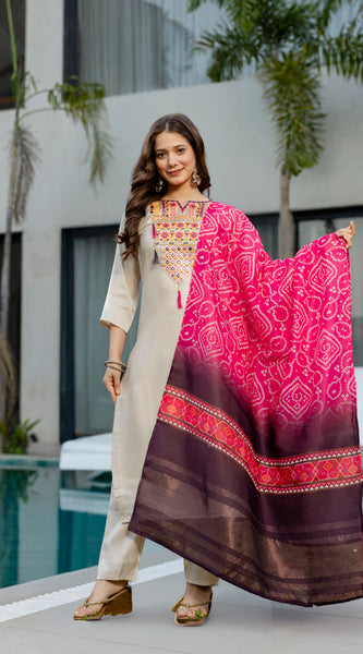 Cream Viscose Simmer Embroidered Kurta Set