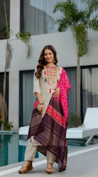 Cream Viscose Simmer Embroidered Kurta Set