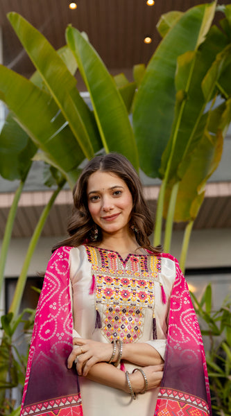 Cream Viscose Simmer Embroidered Kurta Set