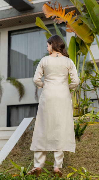 Cream Viscose Simmer Embroidered Kurta Set