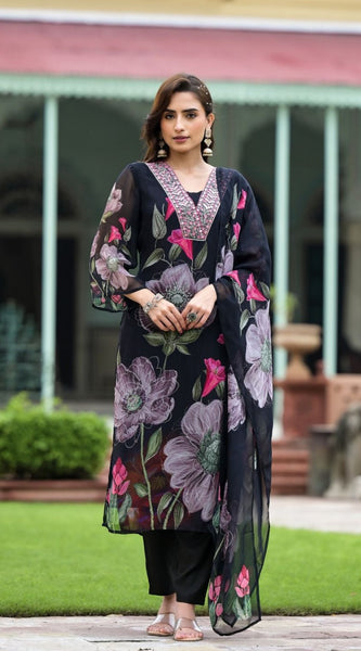 Floral Printed Dresses with Embellished Neckline