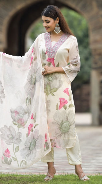 Floral Printed Dresses with Embellished Neckline