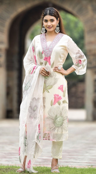 Floral Printed Dresses with Embellished Neckline