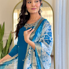 Womens Embroidery Viscose Chanderi Silk Kurta And Pant With Orangza Jaquard Butti Dupatta Set
