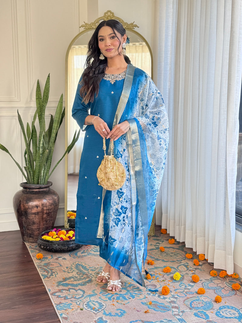 Womens Embroidery Viscose Chanderi Silk Kurta And Pant With Orangza Jaquard Butti Dupatta Set