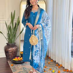 Womens Embroidery Viscose Chanderi Silk Kurta And Pant With Orangza Jaquard Butti Dupatta Set