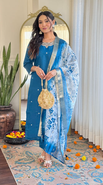Womens Embroidery Viscose Chanderi Silk Kurta And Pant With Orangza Jaquard Butti Dupatta Set