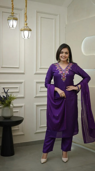 Embroidered Printed Kurti Set with Bottom and Dupatta in Rayon Fabric