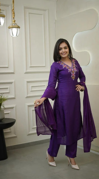 Embroidered Printed Kurti Set with Bottom and Dupatta in Rayon Fabric