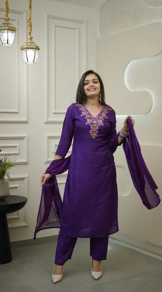 Embroidered Printed Kurti Set with Bottom and Dupatta in Rayon Fabric