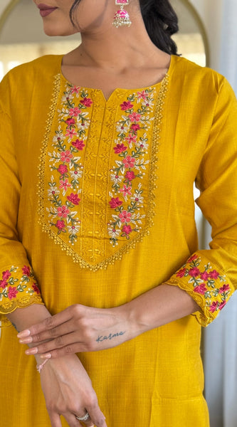 Women's Festive Embroiderd Yellow Kurta Pant Set with Jacquard Dupatta