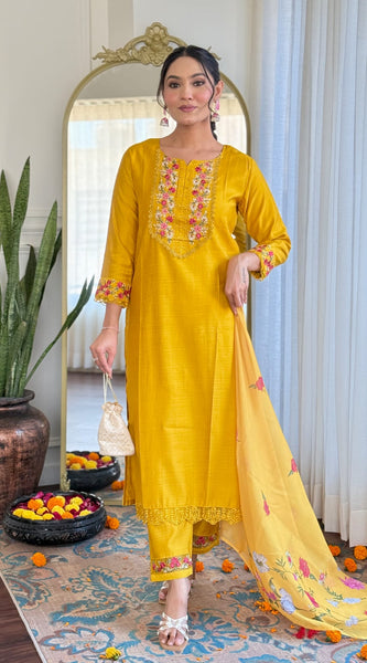 Women's Festive Embroiderd Yellow Kurta Pant Set with Jacquard Dupatta