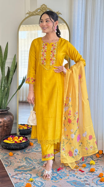 Women's Festive Embroiderd Yellow Kurta Pant Set with Jacquard Dupatta