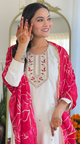 Women's Viscose Silk Embroidered Straight Kurta with pant and dupatta sets