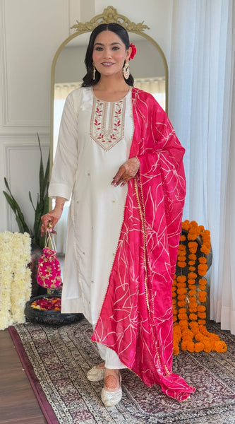 Women's Viscose Silk Embroidered Straight Kurta with pant and dupatta sets
