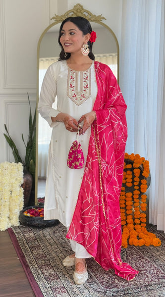 Women's Viscose Silk Embroidered Straight Kurta with pant and dupatta sets