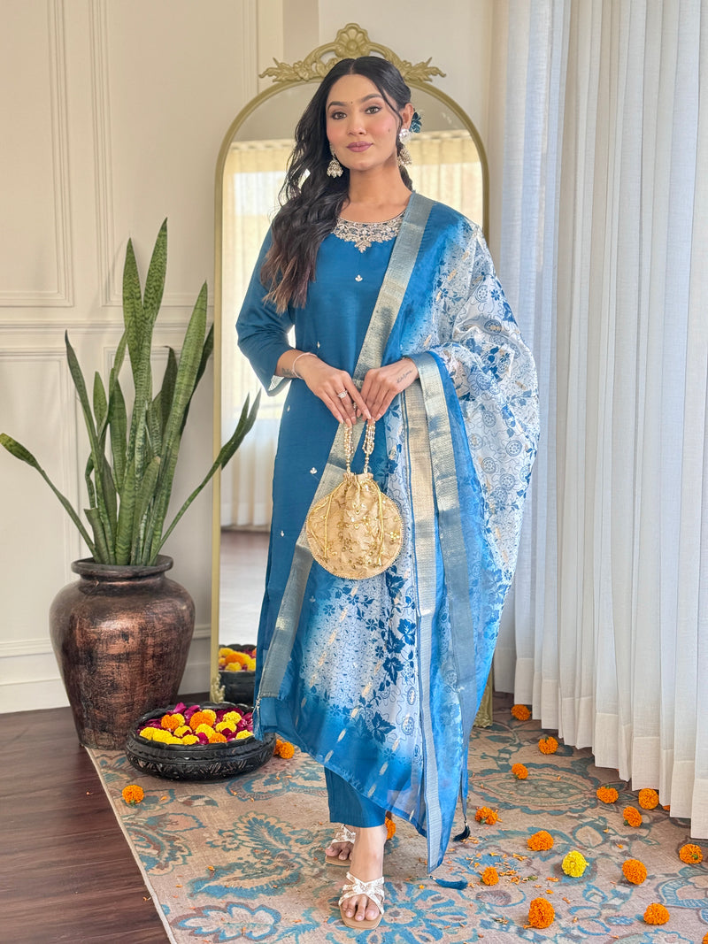 Womens Embroidery Viscose Chanderi Silk Kurta And Pant With Orangza Jaquard Butti Dupatta Set