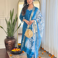Womens Embroidery Viscose Chanderi Silk Kurta And Pant With Orangza Jaquard Butti Dupatta Set