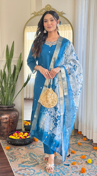 Womens Embroidery Viscose Chanderi Silk Kurta And Pant With Orangza Jaquard Butti Dupatta Set