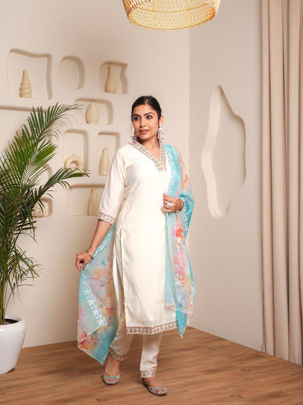 V-Neck Embrodary work With Organza Duptta Dresses