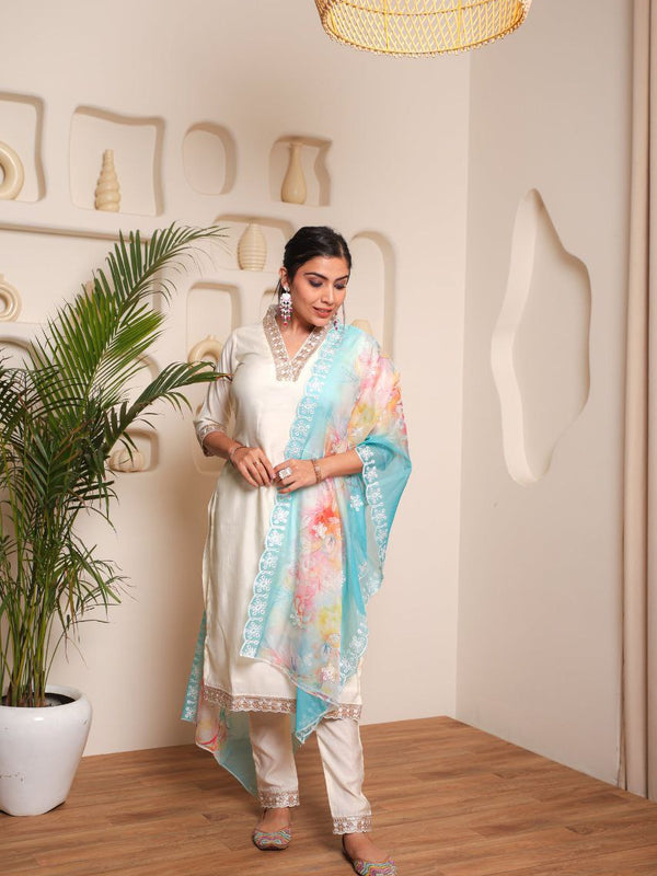 V-Neck Embrodary work With Organza Duptta Dresses