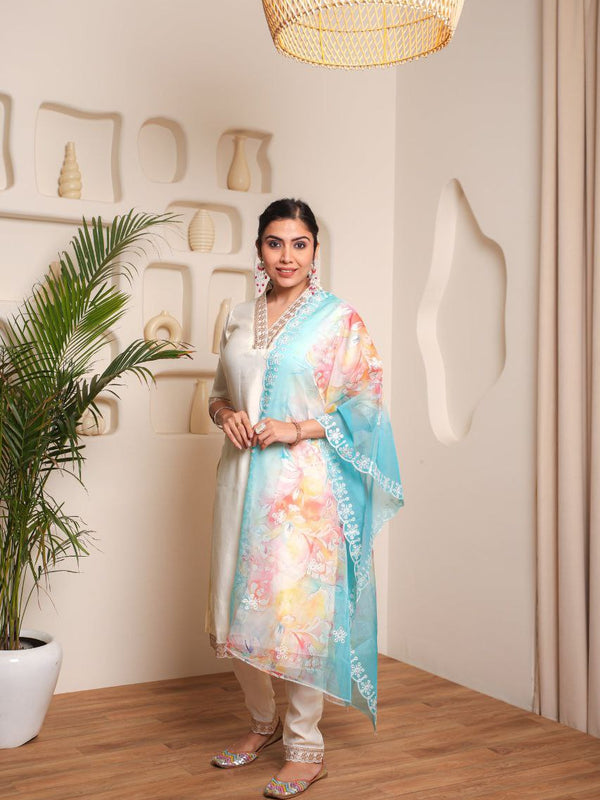 V-Neck Embrodary work With Organza Duptta Dresses