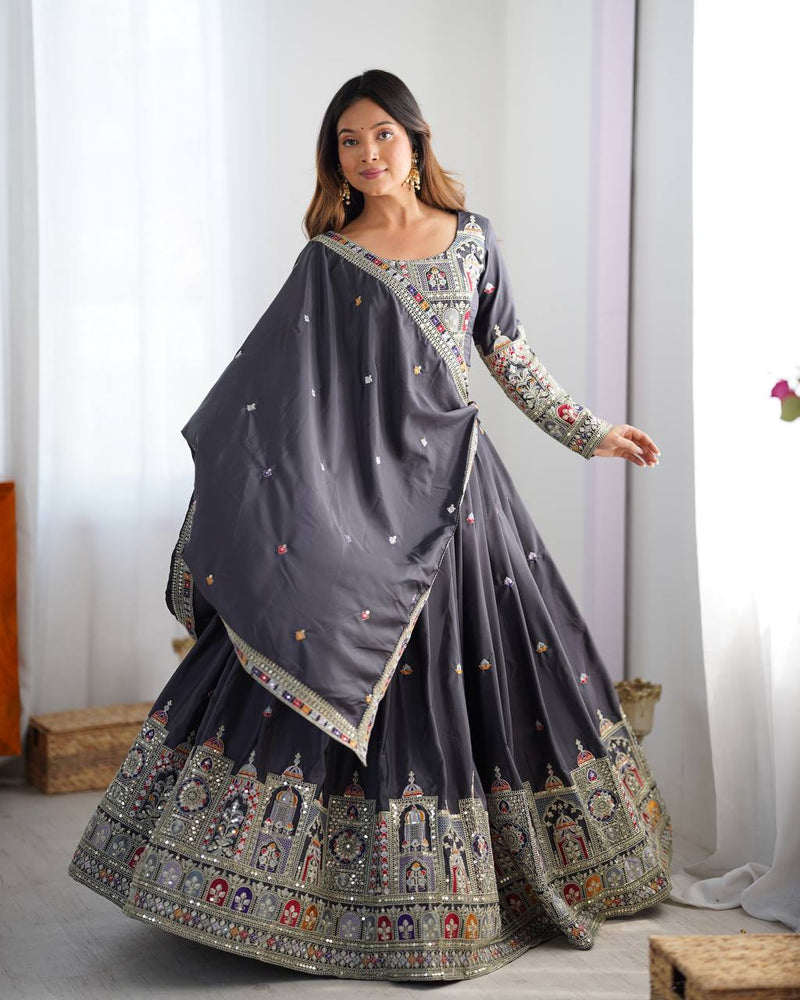 Embroidered Sequinned Semi-Stitched Lehenga