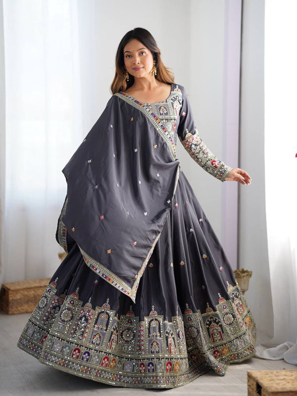 Embroidered Sequinned Semi-Stitched Lehenga