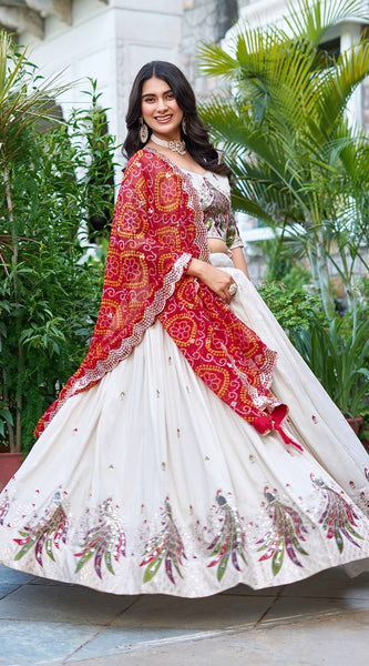 Khadi Cotton Thread Embroidery And Sequins Work Lehenga