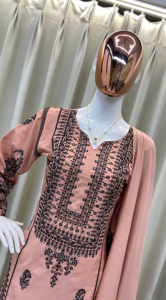 DESIGNER WEAR EXCLUSIVE FARSI SALWAR SUIT IN SEQUENCE EMBROIDERED FRENCH CREAPE TOP AND SALWAR WITH DUPATTA Co-Ord Set