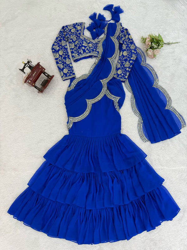 Party Wear Embroidered Ruffle Saree