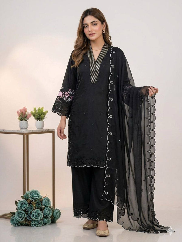 Designer Mal Chanderi Sequence Embroidered Kurta Palazzo Set With Organza Dupatta
