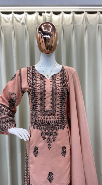 DESIGNER WEAR EXCLUSIVE FARSI SALWAR SUIT IN SEQUENCE EMBROIDERED FRENCH CREAPE TOP AND SALWAR WITH DUPATTA Co-Ord Set