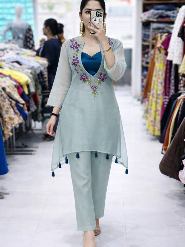 Beautiful Thread & Sequins Organza Kurti Set
