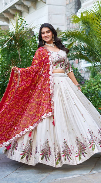 Khadi Cotton Thread Embroidery And Sequins Work Lehenga