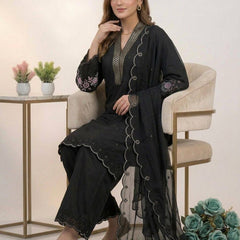 Designer Mal Chanderi Sequence Embroidered Kurta Palazzo Set With Organza Dupatta
