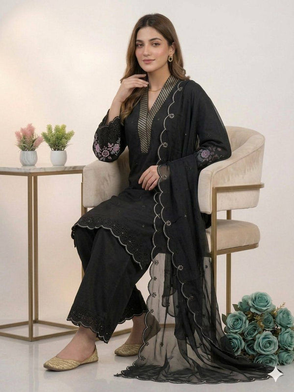 Designer Mal Chanderi Sequence Embroidered Kurta Palazzo Set With Organza Dupatta