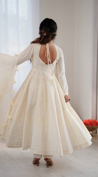 Schiffli Work Kora Cotton Anarkali Set Lehenga