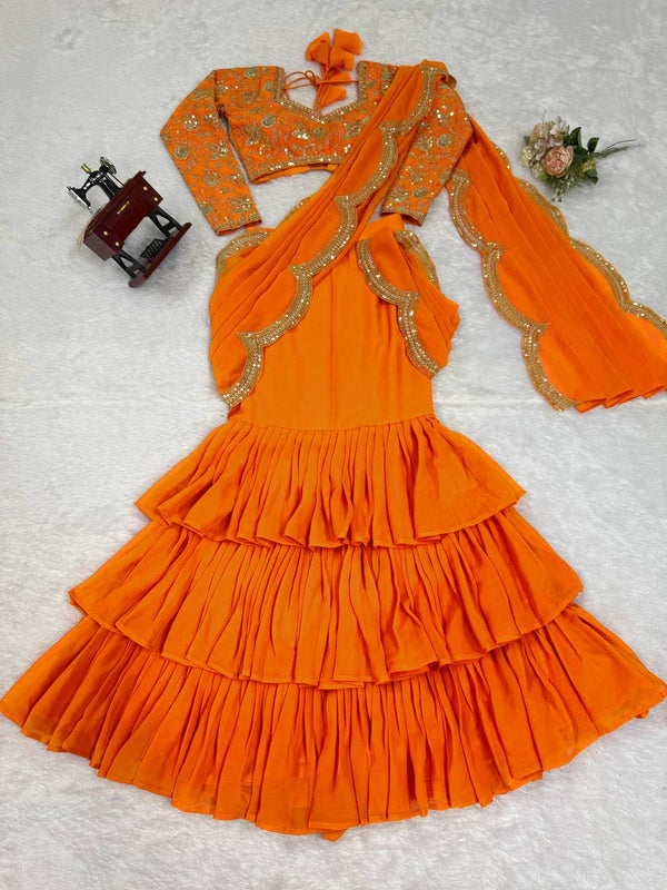 Party Wear Embroidered Ruffle Saree