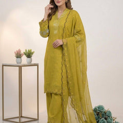 Designer Mal Chanderi Sequence Embroidered Kurta Palazzo Set With Organza Dupatta