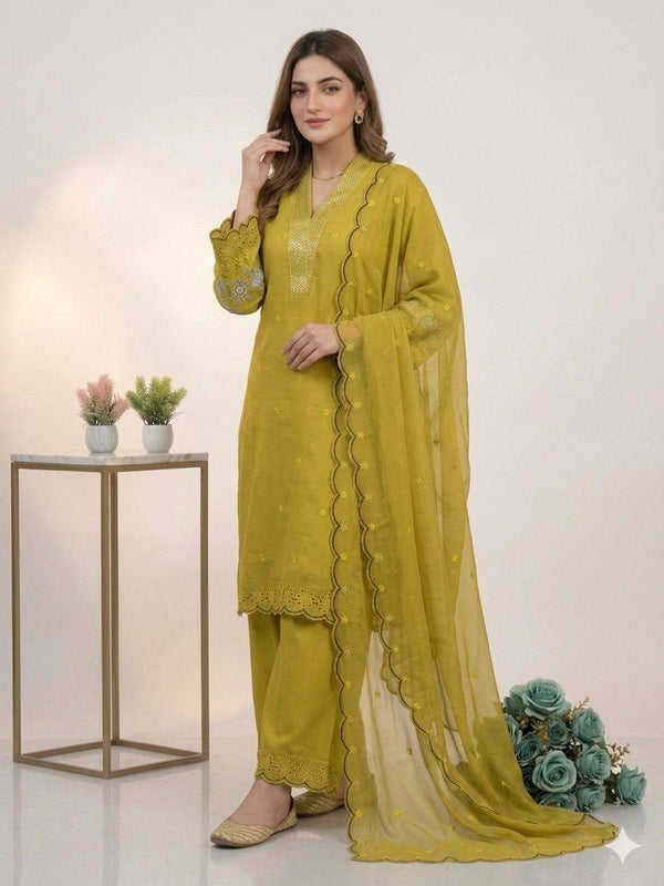 Designer Mal Chanderi Sequence Embroidered Kurta Palazzo Set With Organza Dupatta