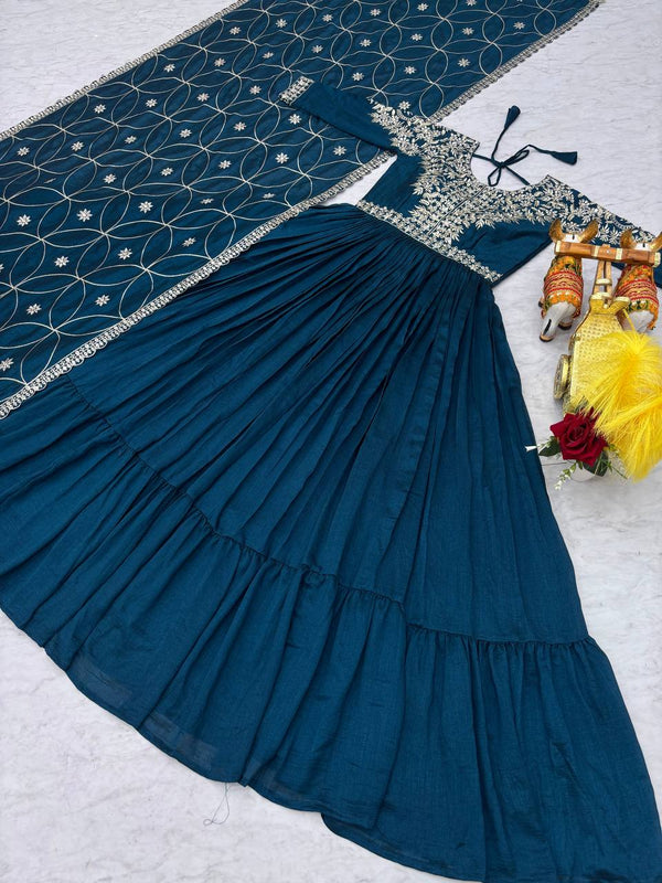 Embroidered Silk Dupatta Ensemble Lehenga