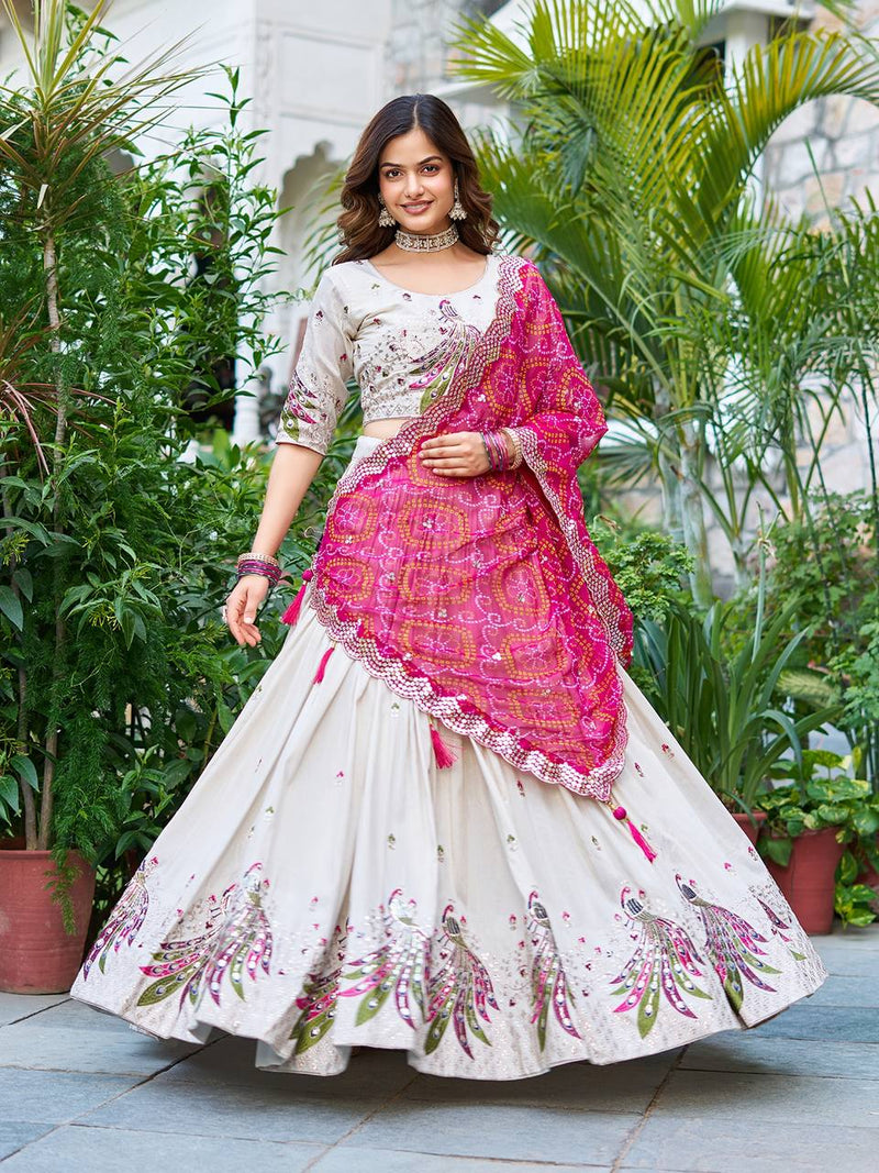 Khadi Cotton Thread Embroidery And Sequins Work Lehenga