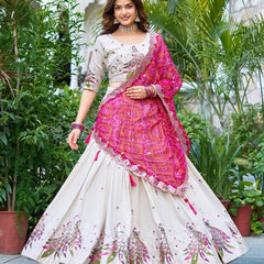 Khadi Cotton Thread Embroidery And Sequins Work Lehenga